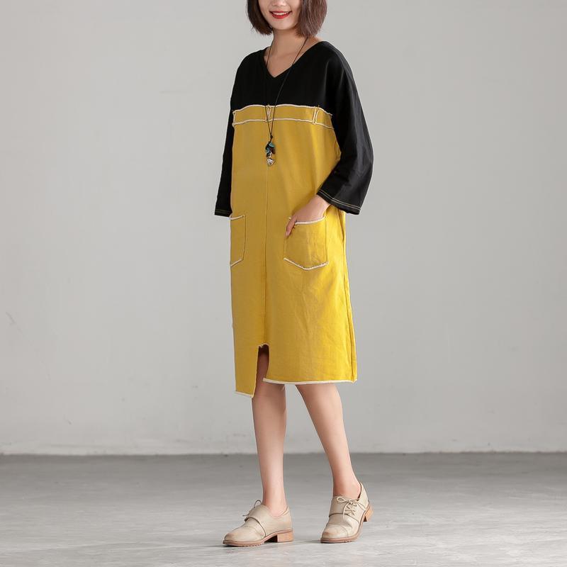 French cotton Wardrobes 2019 Yellow Women Cotton Autumn Holes Dress - Omychic
