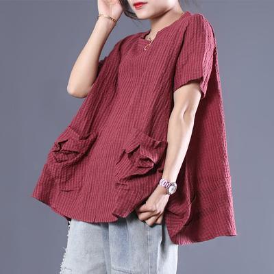 French cotton clothes For Women Organic Vintage Loose  Plaid Short Sleeve Blouse - Omychic
