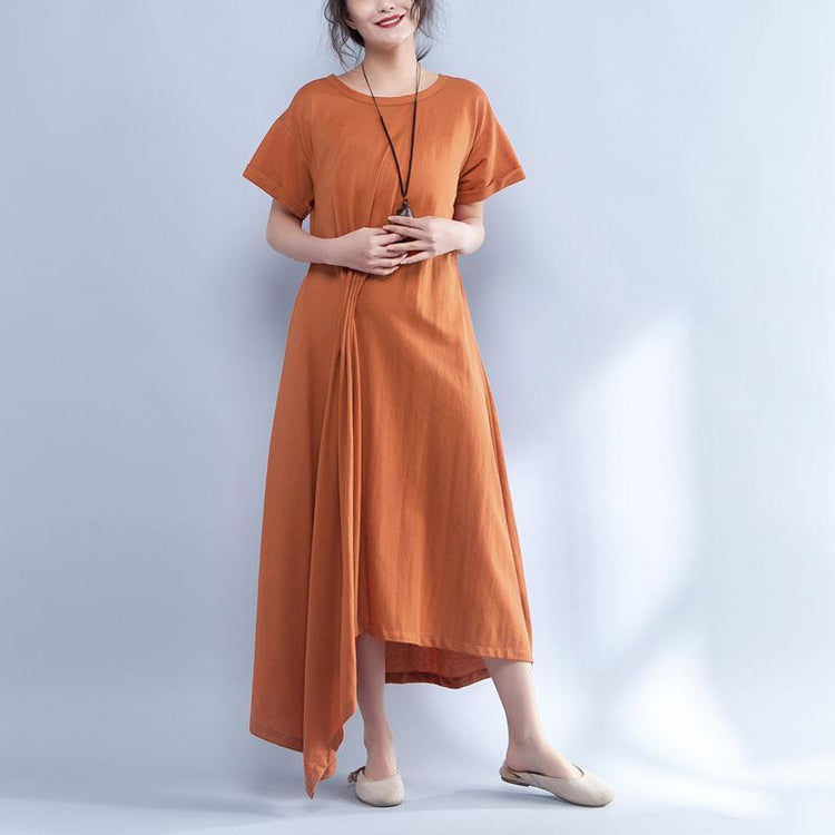 French cotton clothes For Women Pakistani Short Sleeve Round Neck Summer Irregular Orange Dress - Omychic