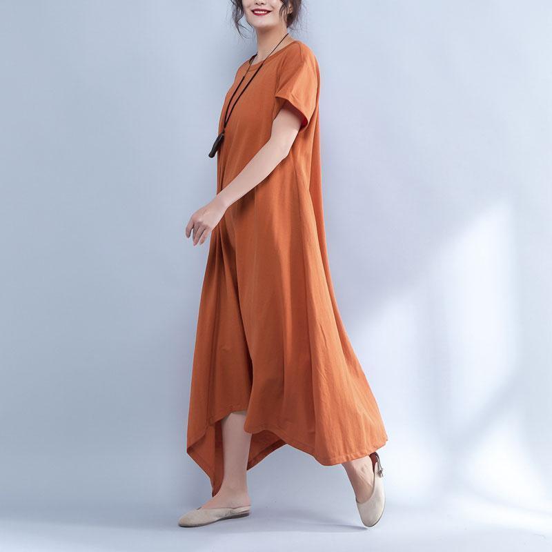 French cotton clothes For Women Pakistani Short Sleeve Round Neck Summer Irregular Orange Dress - Omychic