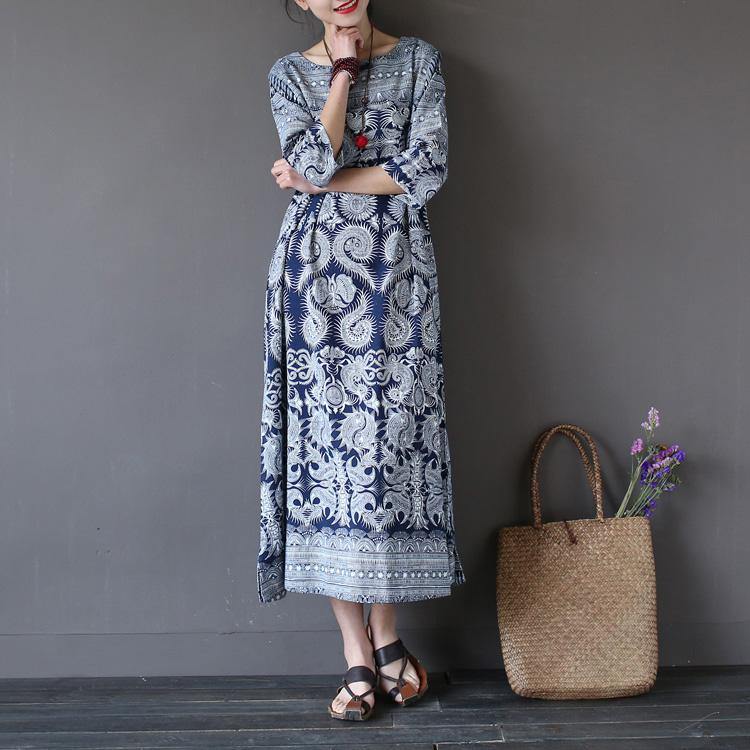 French cotton dresses Organic patchwork Work blue print o neck Maxi Dresses - Omychic