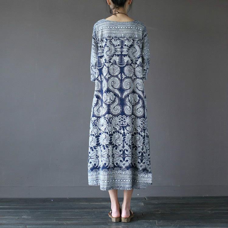 French cotton dresses Organic patchwork Work blue print o neck Maxi Dresses - Omychic