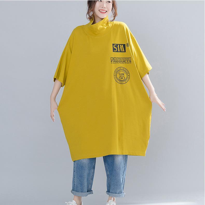 French cotton linen tops women blouses Fitted high neck print Tutorials yellow Plus Size Clothing top spring - Omychic