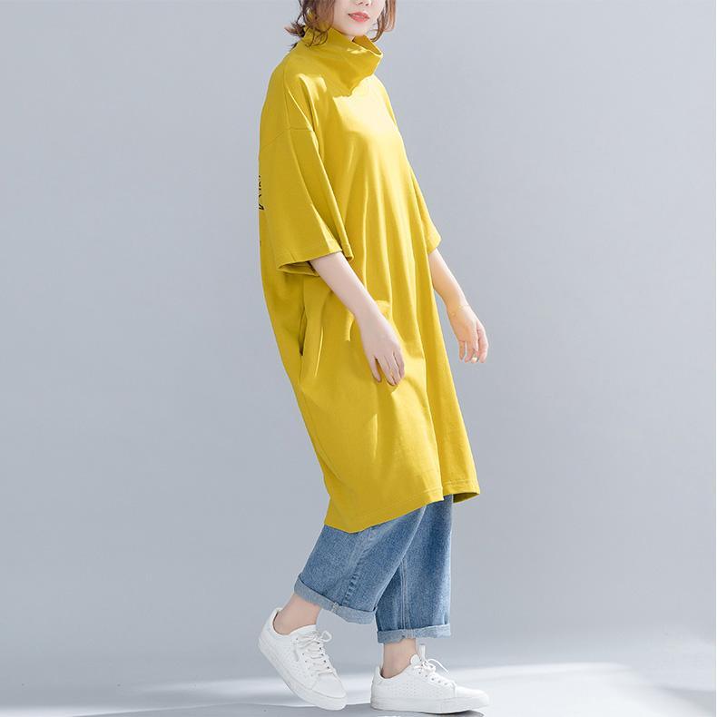 French cotton linen tops women blouses Fitted high neck print Tutorials yellow Plus Size Clothing top spring - Omychic