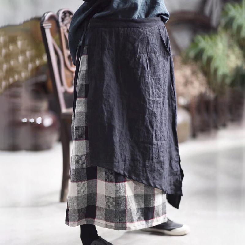 French cotton skirts Stitches Splice Cotton Linen Spring Lattice Skirt - Omychic