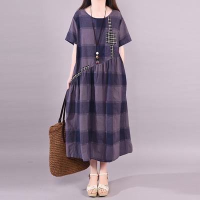 French cotton tunic dress18th Century Irregular Loose Plaid Summer Short Sleeve Dress - Omychic