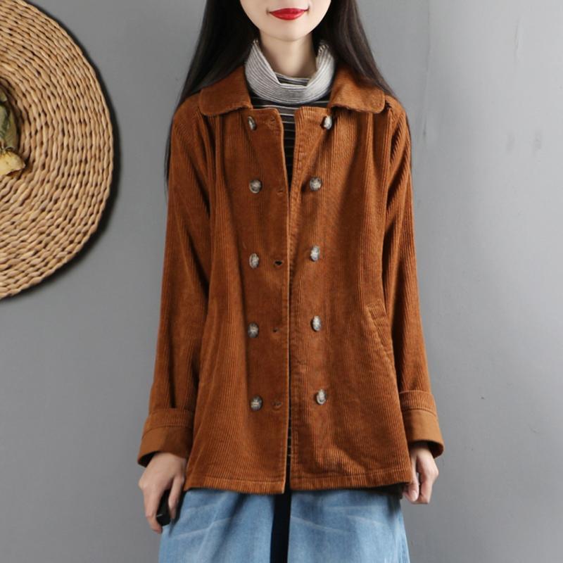French double breast Fashion lapel collar tunics for women brown cotton coats - Omychic