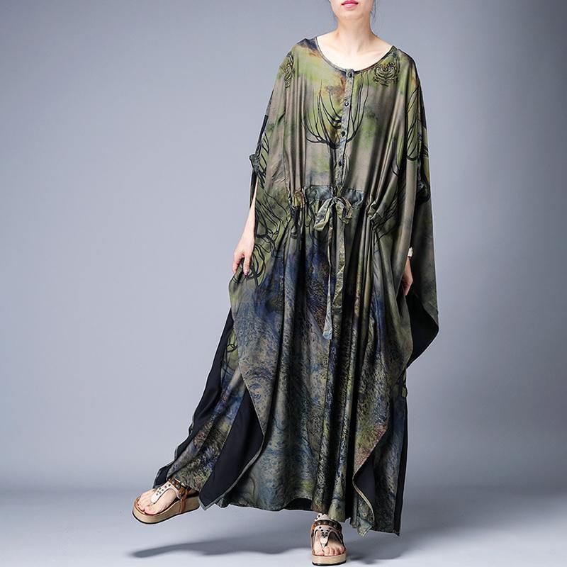 French dresses Boho Drawstring Printed Pleated Casual Irregular Dress - Omychic