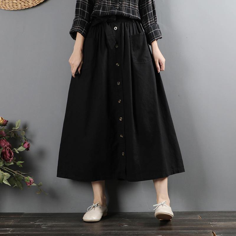 French elastic waist cotton tie waist skirts Inspiration black loose skirts - Omychic