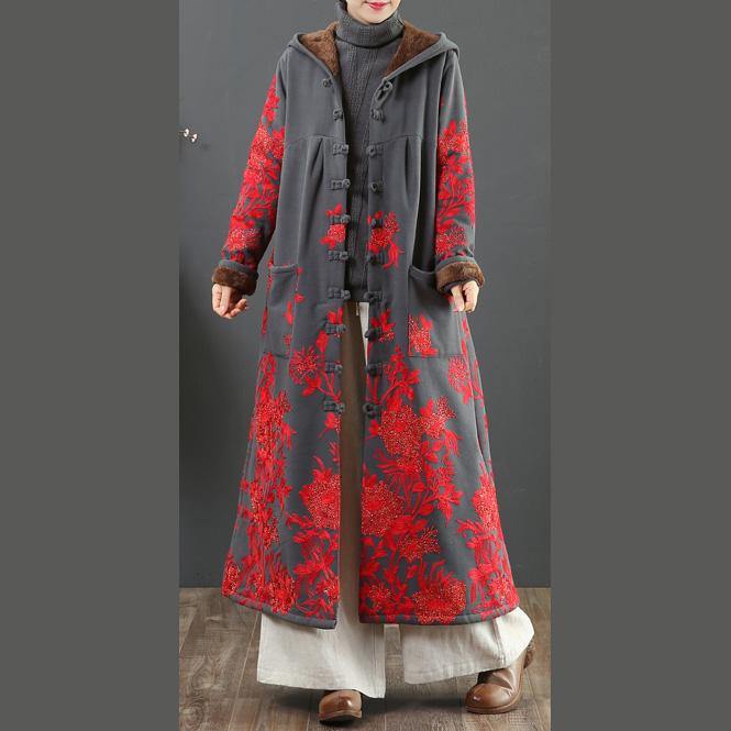French embroidery Fashion hooded trench coat gray thick cotton outwears - Omychic