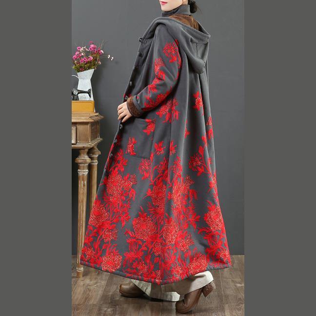 French embroidery Fashion hooded trench coat gray thick cotton outwears - Omychic