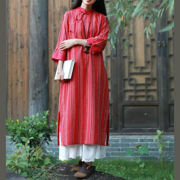 French embroidery cotton Tunics Outfits red striped cotton robes Dress fall - Omychic