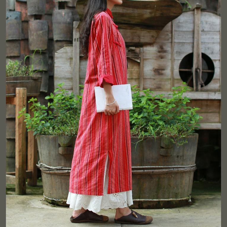 French embroidery cotton Tunics Outfits red striped cotton robes Dress fall - Omychic