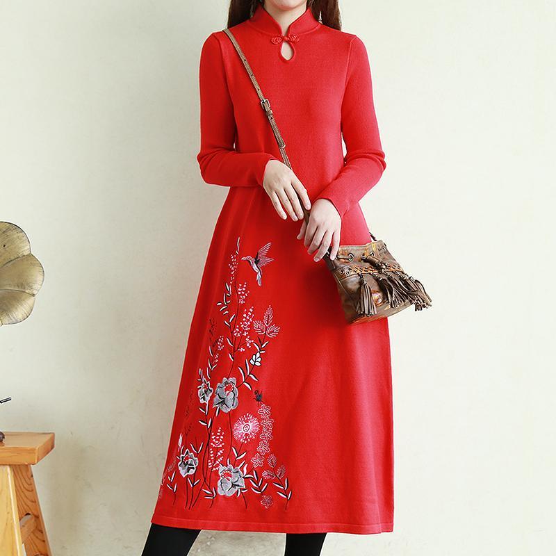 French embroidery cotton stand collar Tunics linen red winter Plus Size Dresses - Omychic