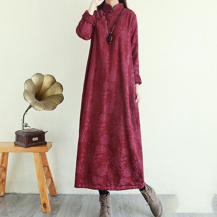French embroidery cotton winter quilting clothes design purple red Dress - Omychic
