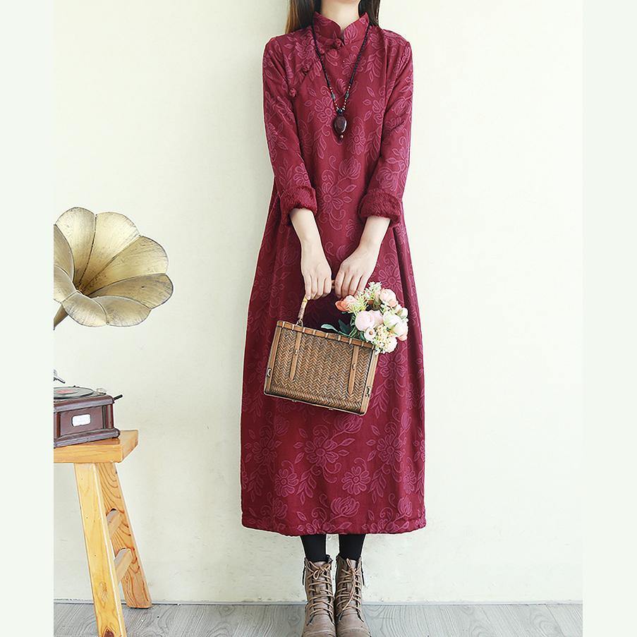 French embroidery cotton winter quilting clothes design purple red Dress - Omychic