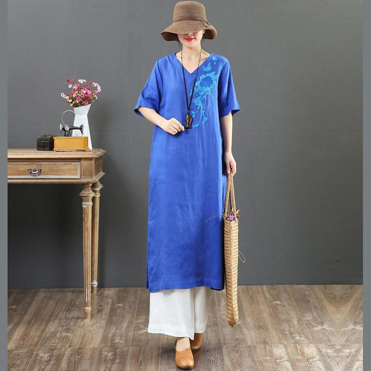 French embroidery linen clothes For Women Omychic Outfits blue A Line Dress Summer - Omychic