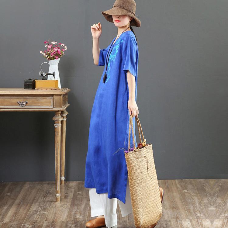 French embroidery linen clothes For Women Omychic Outfits blue A Line Dress Summer - Omychic