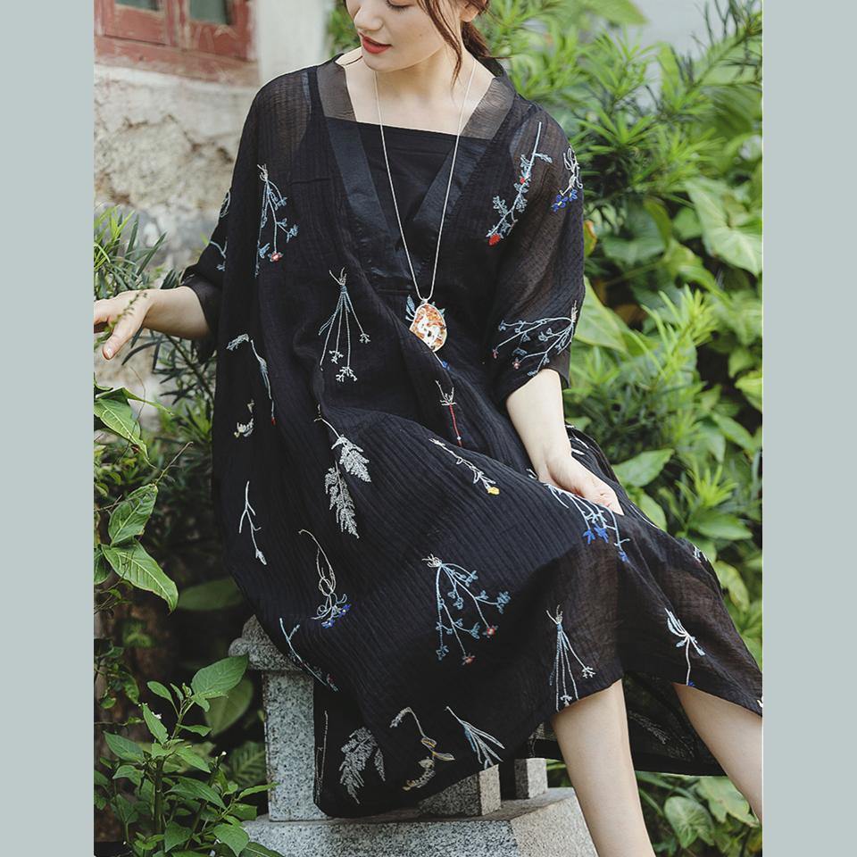 French embroidery two pieces linen clothes Omychic Inspiration black baggy Dress summer - Omychic