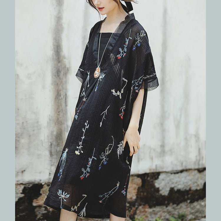 French embroidery two pieces linen clothes Omychic Inspiration black baggy Dress summer - Omychic
