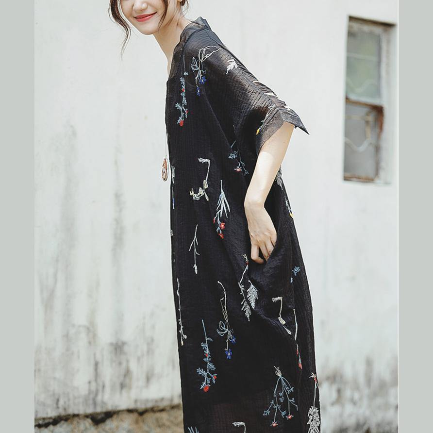 French embroidery two pieces linen clothes Omychic Inspiration black baggy Dress summer - Omychic