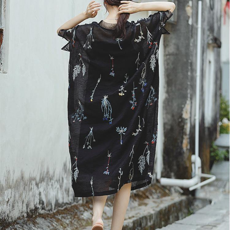 French embroidery two pieces linen clothes Omychic Inspiration black baggy Dress summer - Omychic