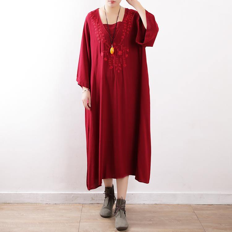 French flare sleeve cotton outfit Fabrics red embroidery Robe Dresses fall - Omychic