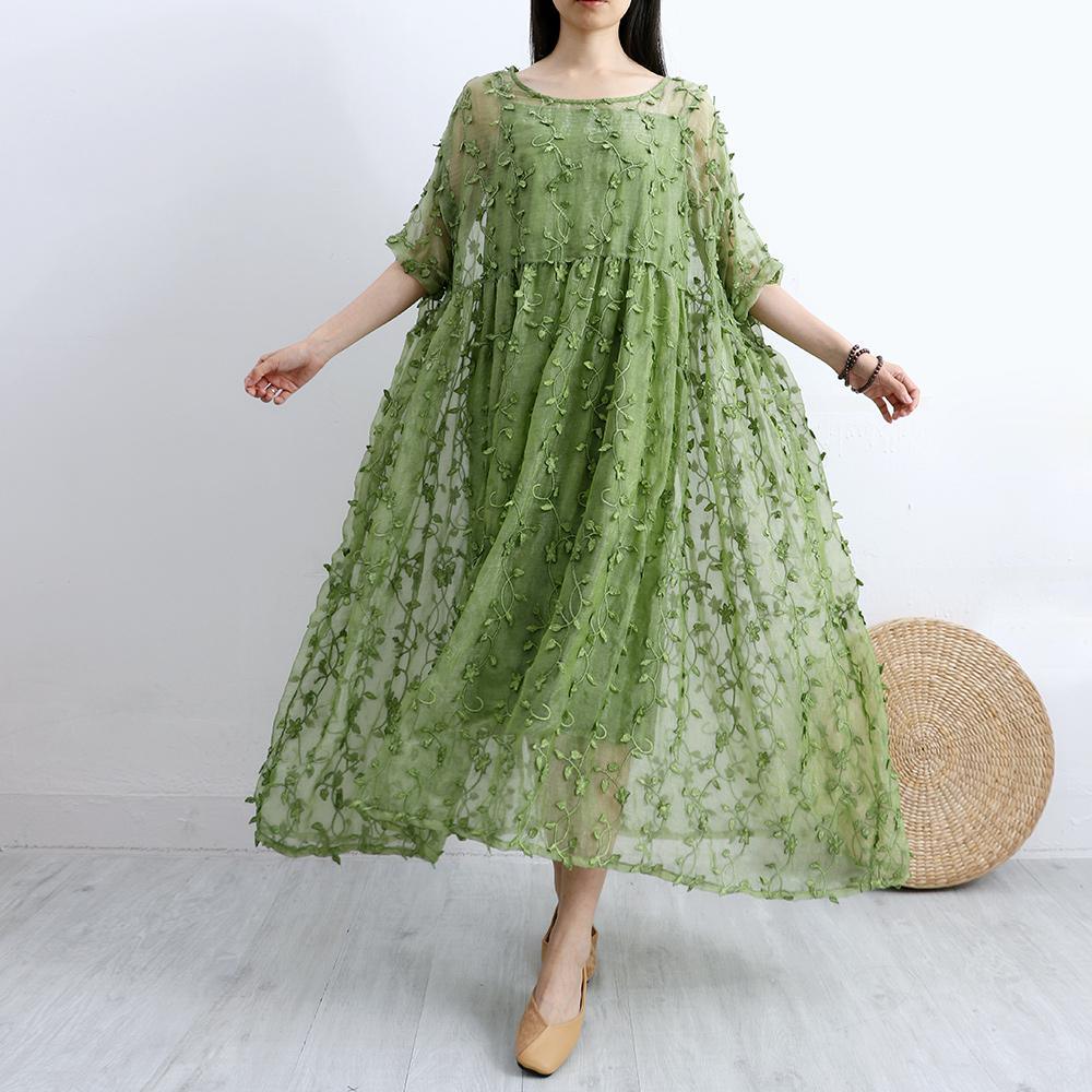 French floral lace cotton tunics for women Runway green cotton Dresses summer - Omychic