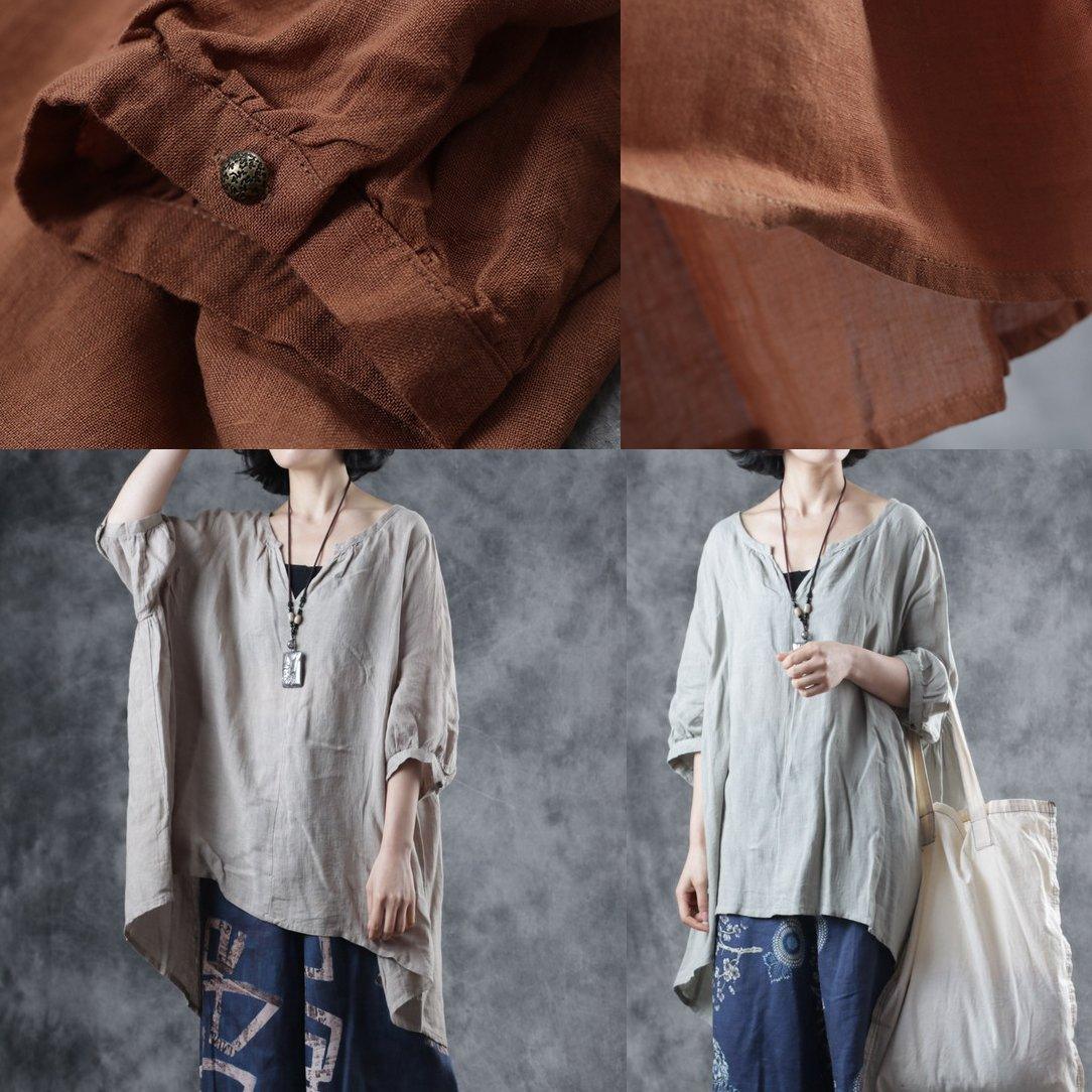 French gray linen clothes For Women v neck half sleeve Vestidos De Lino summer shirts - Omychic