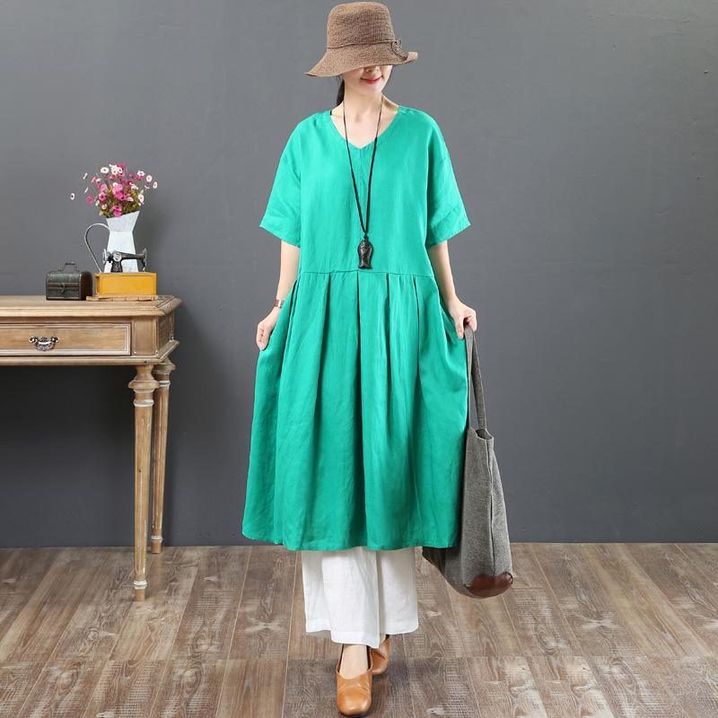 French green linen dress Women Fashion Ideas v neck half sleeve Vestidos De Lino Summer Dresses - Omychic