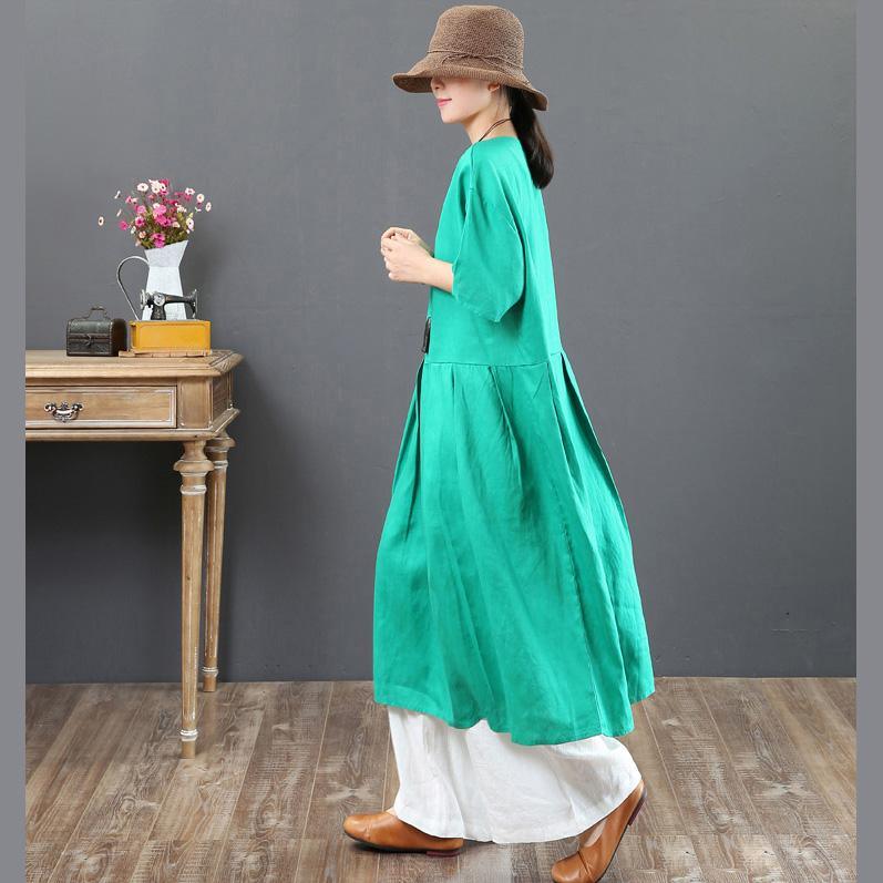 French green linen dress Women Fashion Ideas v neck half sleeve Vestidos De Lino Summer Dresses - Omychic
