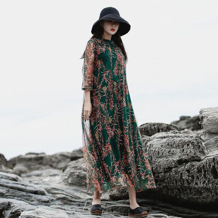 French green print chiffon dresses Women Gifts stand collar false two pieces loose Summer Dresses - Omychic