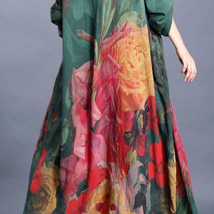 French green print dresses v neck baggy Maxi Dress - Omychic
