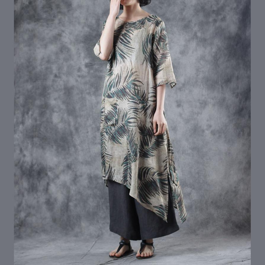 French green print linen clothes o neck asymmetric baggy summer Dresses - Omychic