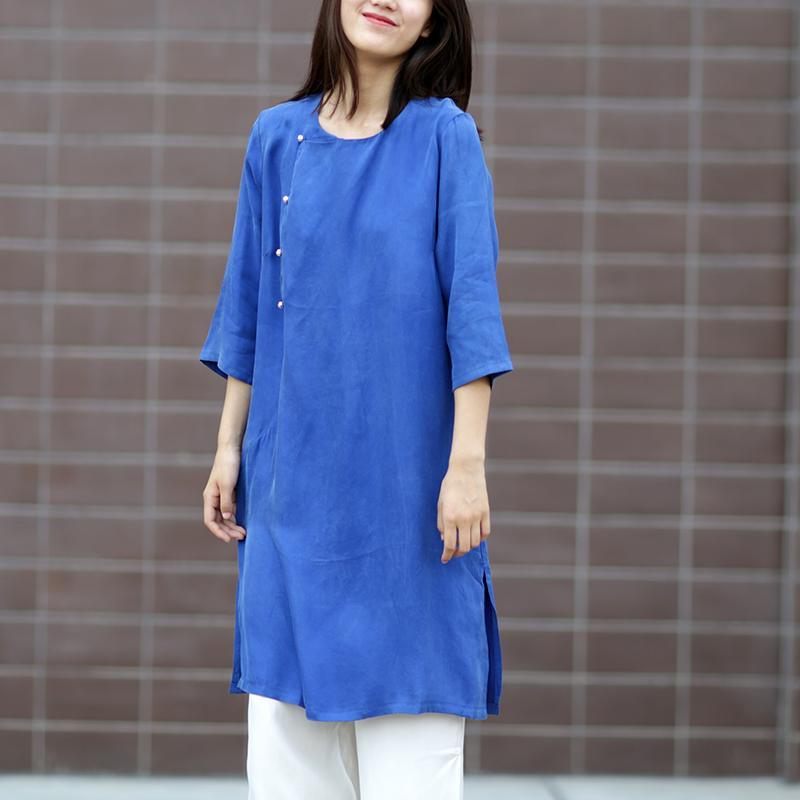 French half sleeve cotton clothes Work Outfits blue Dress summer - Omychic