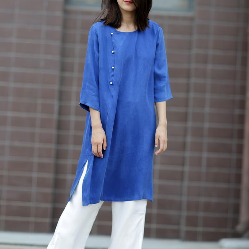French half sleeve cotton clothes Work Outfits blue Dress summer - Omychic