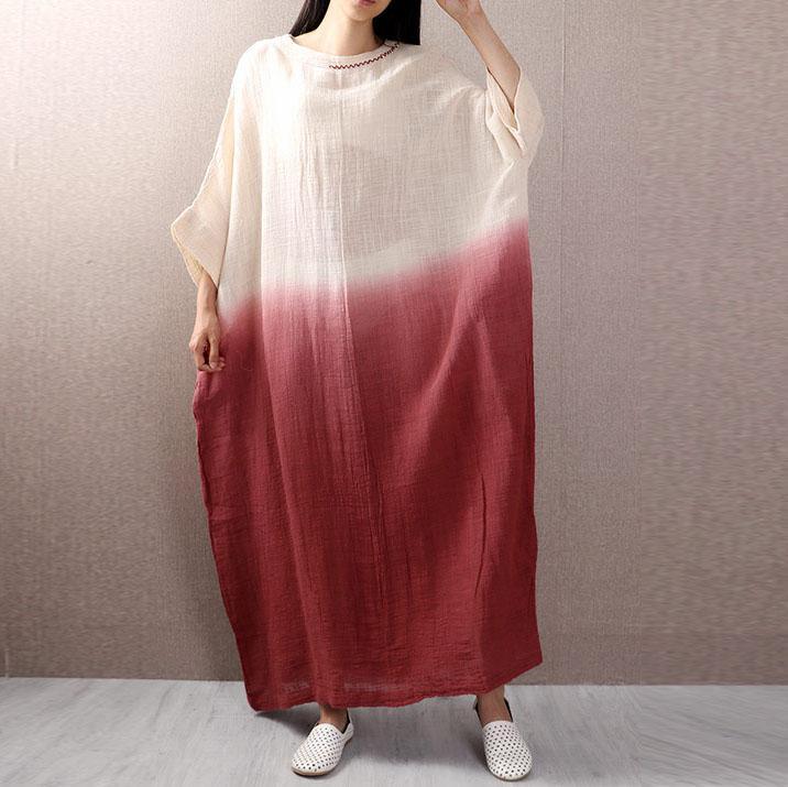 French half sleeve linen cotton dresses Catwalk red o neck Dresses summer - Omychic