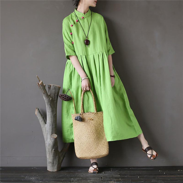 French half sleeve linen stand collar Long Shirts Sewing green Dress - Omychic