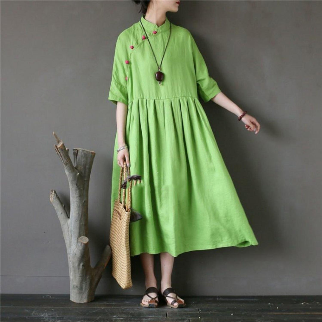 French half sleeve linen stand collar Long Shirts Sewing green Dress - Omychic