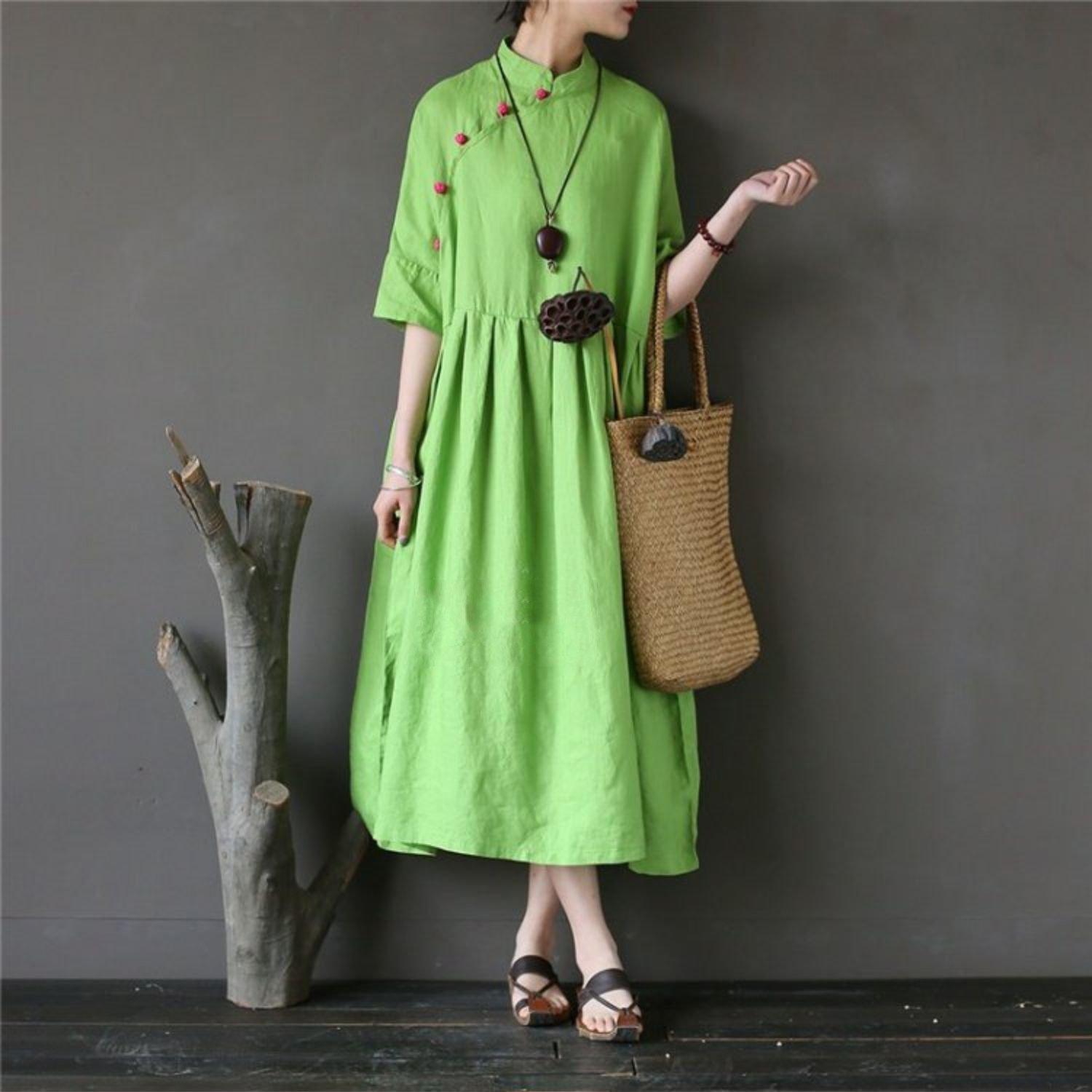 French half sleeve linen stand collar Long Shirts Sewing green Dress - Omychic