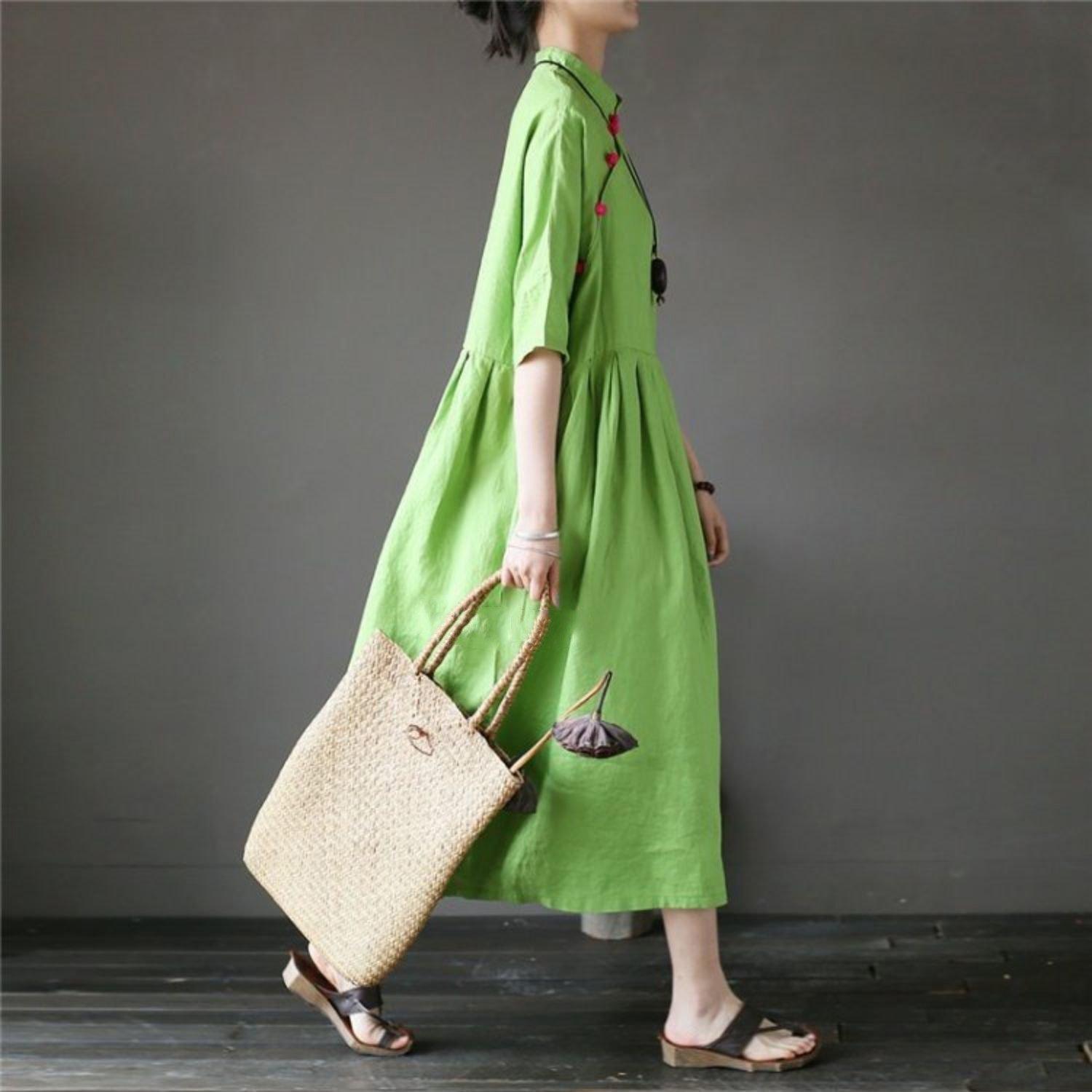 French half sleeve linen stand collar Long Shirts Sewing green Dress - Omychic