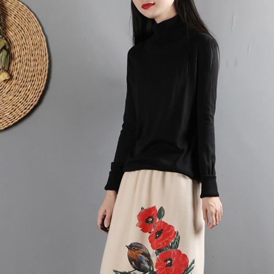 French high neck cotton wild Long Shirts Work black blouses - Omychic