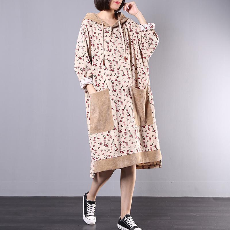 French hooded corduroy dress pattern beige prints Plus Size Dresses fall - Omychic