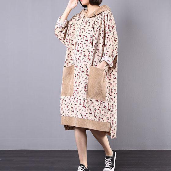 French hooded corduroy dress pattern beige prints Plus Size Dresses fall - Omychic
