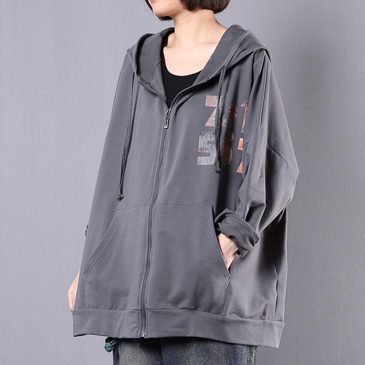 French hooded cotton outwear for women Fabrics gray zippered cardigan coat fall - Omychic