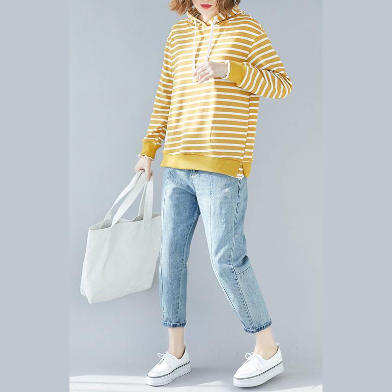 French hooded drawstring cotton Blouse Fine Photography yellow striped Knee blouse - Omychic