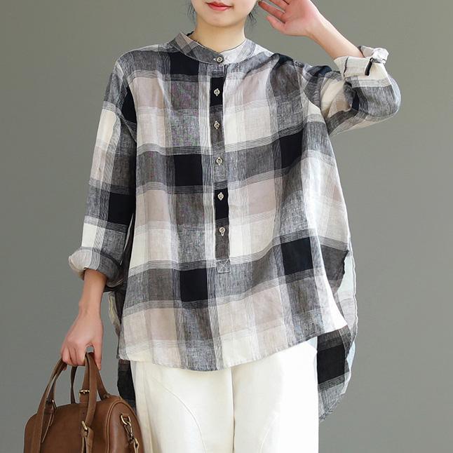 French khaki gray Plaid cotton linen top Fitted Inspiration stand collar Button Down cotton top - Omychic