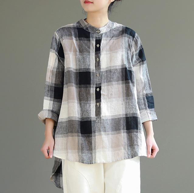 French khaki gray Plaid cotton linen top Fitted Inspiration stand collar Button Down cotton top - Omychic
