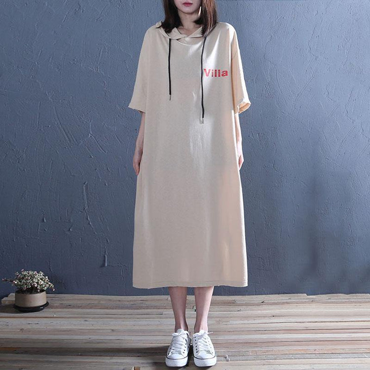 French khaki print cotton dress hooded side open Vestidos De Lino summer Dresses - Omychic