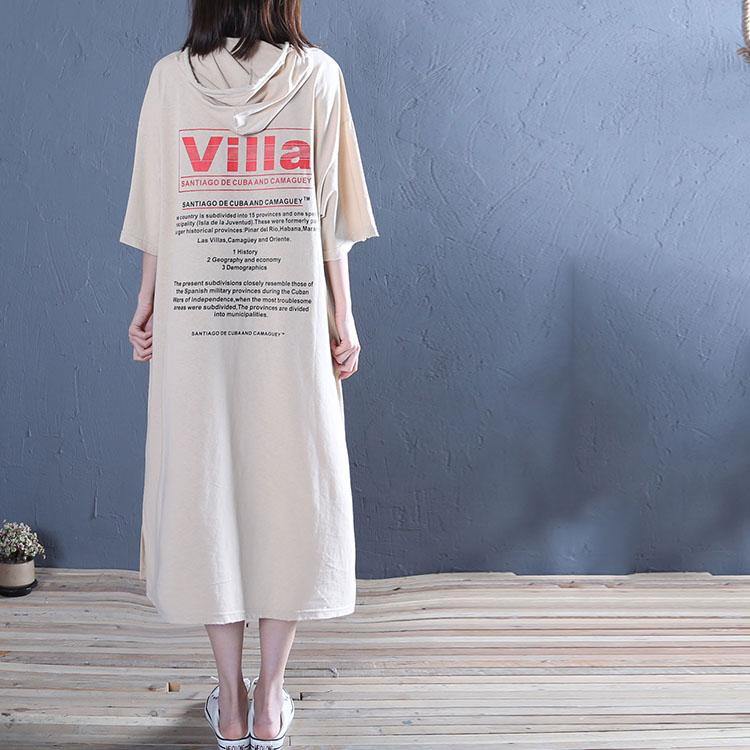 French khaki print cotton dress hooded side open Vestidos De Lino summer Dresses - Omychic